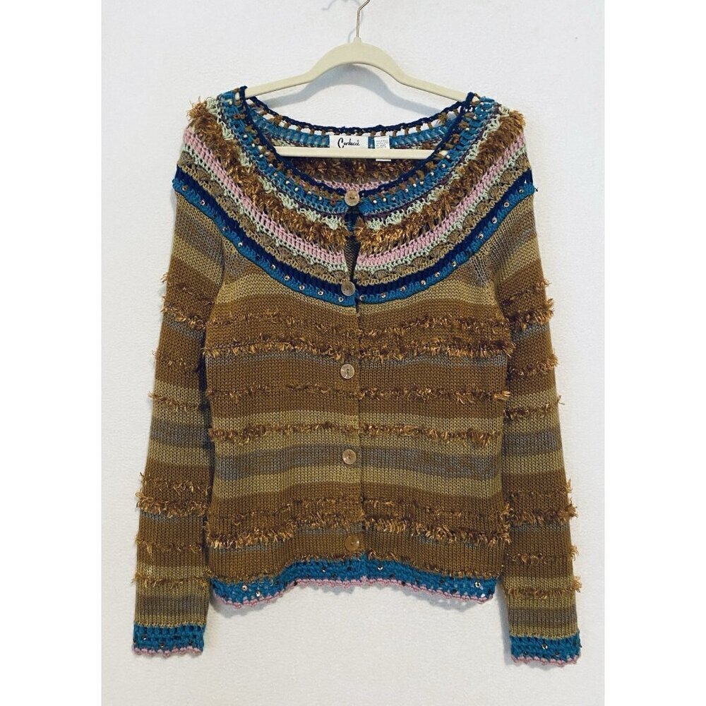 Carducci Cardigan Sweater Womens Large Boho Button Up Fringe Crochet Sequin